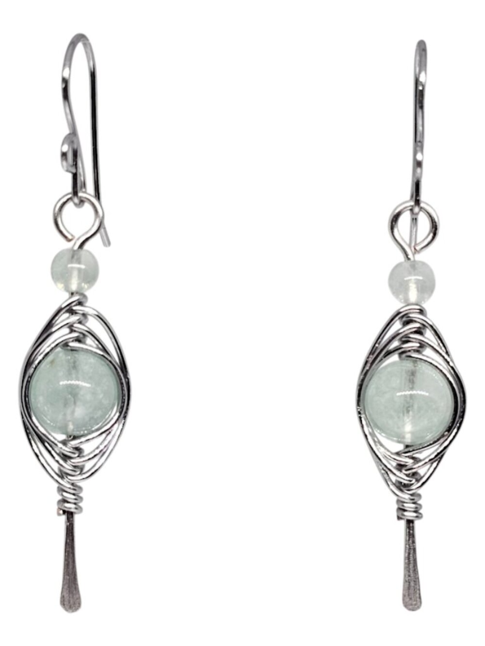 Handmade Green Fluorite Gemstone Silver Herringbone Wire Wrapped Boho Earrings
